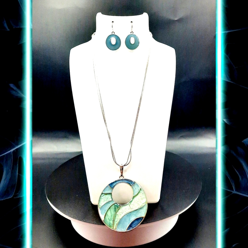 Women's Blue and Silver Necklace/Earrings Set